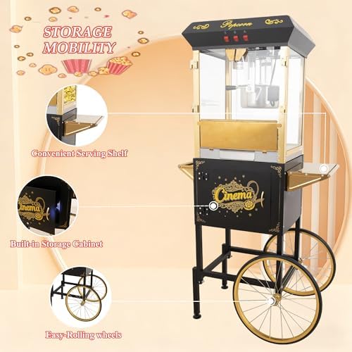 Upgraded 16oz Commercial Popcorn Machine with Cart, 850W Large Vintage Popcorn Maker for 15-20 People, Pop Corn Machine Makes Up to 80 Cups for Home Party(Black)