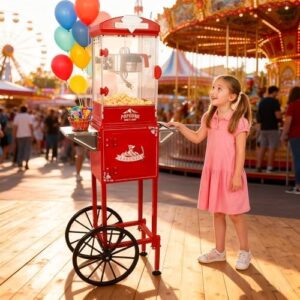 10 Oz Popcorn Machine with Cart, Popcorn Popper Makes Up to 40 Cups, Vintage Movie Theater Style Pop corn Machine with 304 Stainless-Steel Movie Night Supplies for Home (Red)