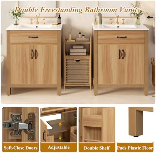 60'' Bathroom Vanity with Ceramic Sink Combo, Freestanding Double Bathroom Vanities with 4 Soft Close Doors, 2 Flip Drawer, Adjustable Shelf, Modern Storage Cabinet for Small Bathrooms (60 Inch)