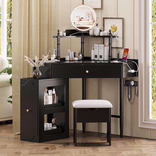 Makeup Vanity Desk Without Mirror, Corner Vanity Desk Set with Storage Cushioned Stool and Charging Station, Makeup Desks with Removable Pull-Out Side Cabinet for Women, Small Place (Black)