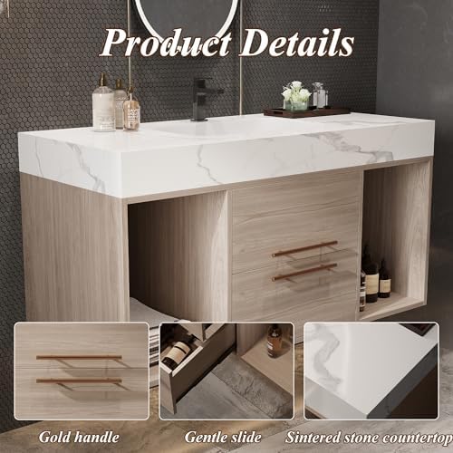 39.4'' Bathroom Vanity with Sink, Floating Ceramic Sink Bathroom Vanity with Countertop Multi-Layer Solid Wood Cabinet Soft-Close Drawers Open Shelf Storage (Oak, 39.4''-Countertop)
