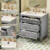 30'' Bathroom Vanity with Ceramic Sink Combo, Bathroom Vanity Storage Cabinet with Gold Pull, 1 Tip-Out Drawer & 2 Drawers, Solid Wood Frame Storage Vanities with Sink (Gray)