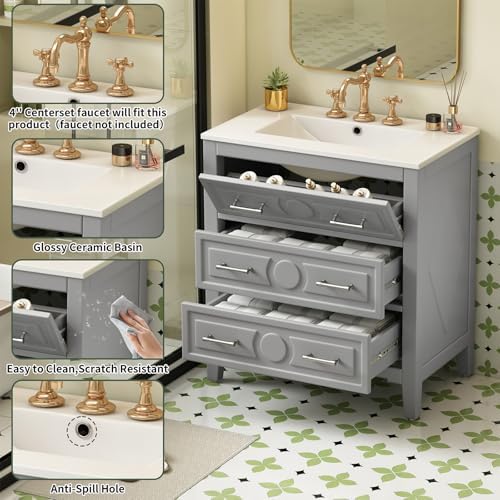 30'' Bathroom Vanity with Ceramic Sink Combo, Bathroom Vanity Storage Cabinet with Gold Pull, 1 Tip-Out Drawer & 2 Drawers, Solid Wood Frame Storage Vanities with Sink (Gray)