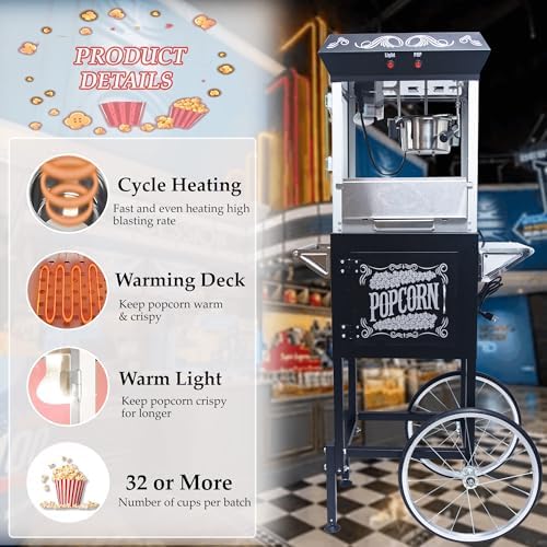 Popcorn Machine with Cart, Popcorn Maker with 8 Oz Kettle Makes Up to 32 Cups, Vintage Movie Theater Style Pop corn Machine with 304 Stainless-Steel Movie Night Supplies for Home (Black)