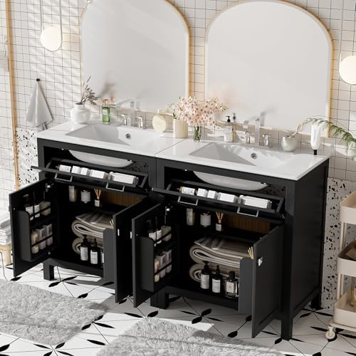 60" Modern Bathroom Vanity with Double Vanities, Double Ceramic Sinks, Adjustable Shelf, Soft Close Doors and Flip Drawer, Large Bathroom Vanity Sink Set (Black)