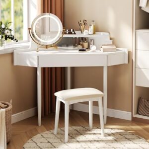 Corner Vanity Desk with Lighted Mirror, 44" Modern Fluted Makeup Vanity Desk with Adjustable Folding Mirror, Stool, Bedroom Dressing Table for Women, Small Place (White)