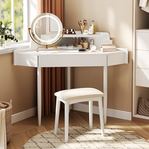Corner Vanity Desk with Lighted Mirror, 44" Modern Fluted Makeup Vanity Desk with Adjustable Folding Mirror, Stool, Bedroom Dressing Table for Women, Small Place (White)