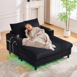56'' Oversized Chaise Lounge Chair Indoor, Comfy Corduroy Chaise Sofa Recliner Bed Upholstered Sleeper Couch Bed with USB Charging, LED, Cup Holder, Side Pocket for Living Room (Balck)