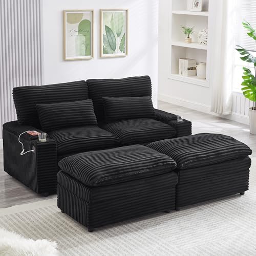 70.9" Oversized Double Lounge Chaise | Loveseat Sofa | Sectional Convertible Sofa Bed | USB Ports | Cup Holders | Storage Space | Cloud Plush Couch Bed | Living Room Reading (Black)