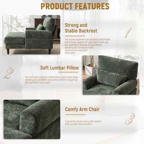 Accent Chair, 51'' Modern Armchair for Living Room, Upholstered High Back Lazy Sleeper Armchair Recliner for Woman, Chaise Lounge Chair Indoor, Single Reading Sofa Chair with Wood Legs (Green)