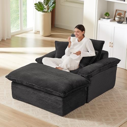 51'' Chaise Lounge Chair Indoor with Ottoman, Oversized Corduroy Upholstered Boneless Sofa Bed, Deep Seat Sleeper Couch Reading Chairs, Cloud Sofas Couches for Living Room (Black)
