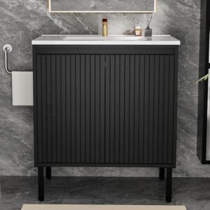 30″ Fluted Bathroom Vanity with Ceramic Sink, Modern Bathroom Vanity Cabinet with 2 Doors, Freestanding Mid-Century Restroom Sink Cabinet Combo (Black, 30'')