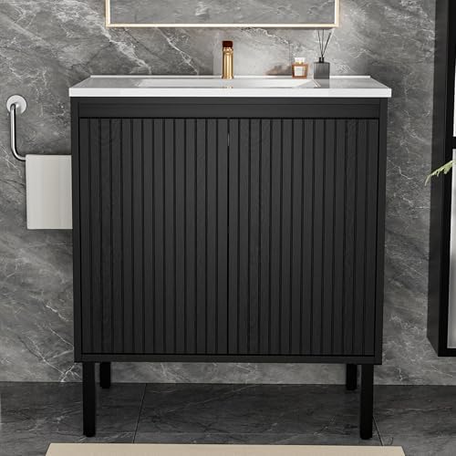30″ Fluted Bathroom Vanity with Ceramic Sink, Modern Bathroom Vanity Cabinet with 2 Doors, Freestanding Mid-Century Restroom Sink Cabinet Combo (Black, 30'')