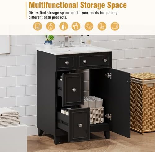 24" Modern Bathroom Vanity with Sink, Sink Cabinet with Ceramic Basin, Bathroom Vanities Cabinet with 2 Drawers & 1 Door (Black)