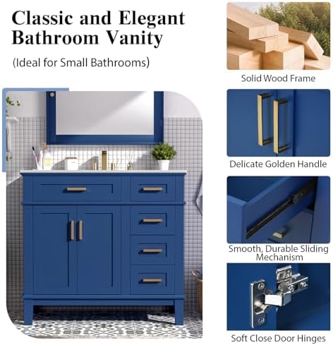 36" Bathroom Vanity with Sink, Modern Bathroom Cabinet, Single Basin Vanity Set with Storage Cabinet Doors Drawer for Guest Baths Master Suites or Rental Units,Small Bathrooms (Blue)