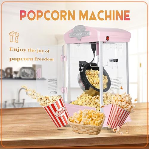 Portable Popcorn Machine, 8 Ounce Nonstick Kettle Small Popcorn Maker, Movie Theater Commercial Popper Machine for Parties, Events, and Home Theater (Pink)