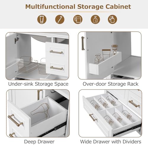Bathroom Vanity, 30" Bathroom Vanity with Sink, Modern Storage Cabinet with 3 Drawers & 1 Door, Freestanding Bathroom Vanities, Solid Wood Frame for Small Space 30'' x 18'' x 34'' (White)