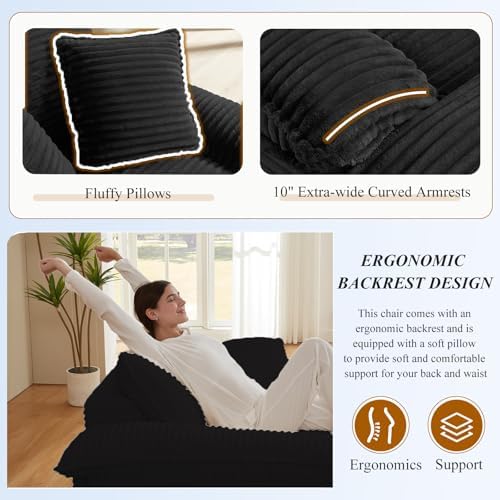 51'' Chaise Lounge Chair Indoor with Ottoman, Oversized Corduroy Upholstered Boneless Sofa Bed, Deep Seat Sleeper Couch Reading Chairs, Cloud Sofas Couches for Living Room (Black)