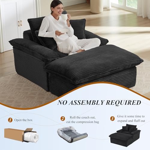 51'' Chaise Lounge Chair Indoor with Ottoman, Oversized Corduroy Upholstered Boneless Sofa Bed, Deep Seat Sleeper Couch Reading Chairs, Cloud Sofas Couches for Living Room (Black)