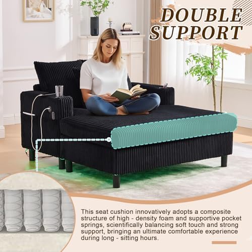 56'' Oversized Chaise Lounge Chair Indoor, Comfy Corduroy Chaise Sofa Recliner Bed Upholstered Sleeper Couch Bed with USB Charging, LED, Cup Holder, Side Pocket for Living Room (Balck)