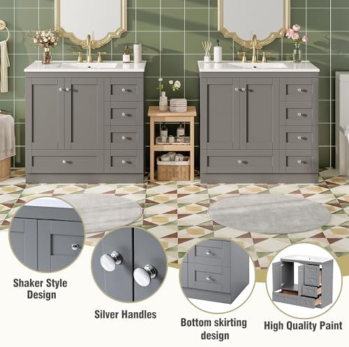 72'' Bathroom Vanities with Ceramic Sink Combo, Freestanding Double Bathroom Vanity Storage Cabinet 4 Soft Closing Doors & 2 Drawers Floor Standing Storage (Grey)
