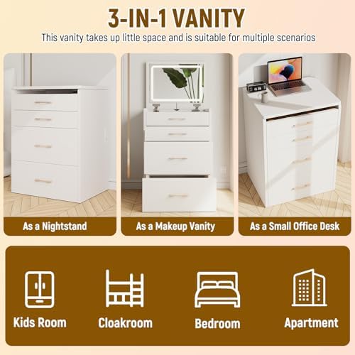 3 in 1 Vanity Desk with Flip Top Mirror, Small Make Up Set with Visible Glass Desktop, Compact Makeup Vanity with 3 Drawers Hidden Storage & Cushioned Stool, Dressing Table for Bedroom
