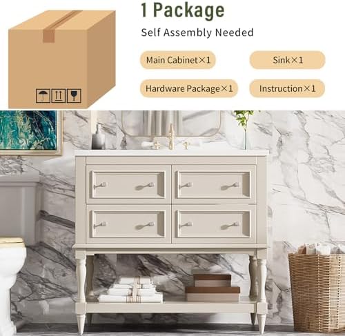 36" Bathroom Vanity with Sink, Bathroom Vanities, FreeStanding Vanity Set with 4 Drawers, Solid Wood Frame Bathroom Cabinet (Beige)