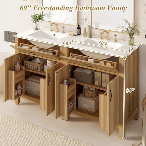 60'' Bathroom Vanity with Ceramic Sink Combo, Freestanding Double Bathroom Vanities with 4 Soft Close Doors, 2 Flip Drawer, Adjustable Shelf, Modern Storage Cabinet for Small Bathrooms (60 Inch)