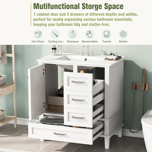 30" Bathroom Vanity with Sink and 4 Drawers & 1 Door Cabinet, Easy Assembly Modern Bathroom Vanities Storage Cabinet for Guest Baths Master Suites or Rental Units (White, 30 Inches)