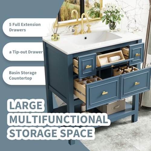 30" Bathroom Vanity with Sink Set, Vintage Bathroom Cabinet Vanity with Ceramic Basin, Extra Large Storage 5 Drawers, Solid Wood Frame Storage Cabinet (Blue)