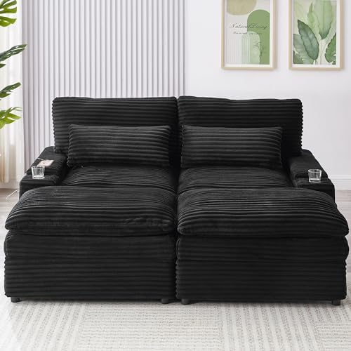 70.9" Oversized Double Lounge Chaise | Loveseat Sofa | Sectional Convertible Sofa Bed | USB Ports | Cup Holders | Storage Space | Cloud Plush Couch Bed | Living Room Reading (Black)