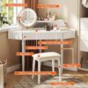 Corner Vanity Desk with Lighted Mirror, 44" Modern Fluted Makeup Vanity Desk with Adjustable Folding Mirror, Stool, Bedroom Dressing Table for Women, Small Place (White)