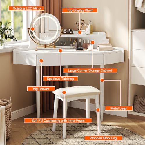 Corner Vanity Desk with Lighted Mirror, 44" Modern Fluted Makeup Vanity Desk with Adjustable Folding Mirror, Stool, Bedroom Dressing Table for Women, Small Place (White)