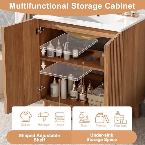 30″ Bathroom Vanity with Ceramic Sink, Modern Bathroom Vanity Cabinet with 2 Doors, Freestanding Mid-Century Restroom Sink Cabinet Combo with U-Shaped Adjustable Shelf (30")