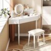 Corner Vanity Desk with Lighted Mirror, 44" Modern Fluted Makeup Vanity Desk with Adjustable Folding Mirror, Stool, Bedroom Dressing Table for Women, Small Place (White)