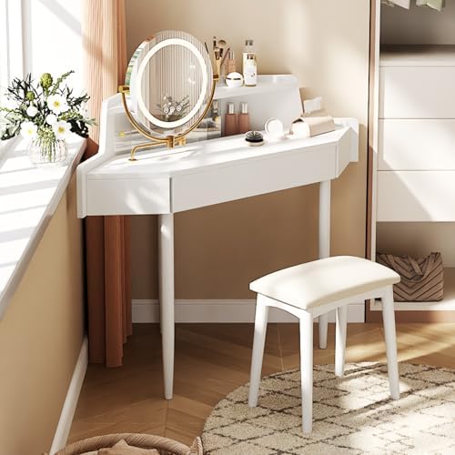 Corner Vanity Desk with Lighted Mirror, 44" Modern Fluted Makeup Vanity Desk with Adjustable Folding Mirror, Stool, Bedroom Dressing Table for Women, Small Place (White)