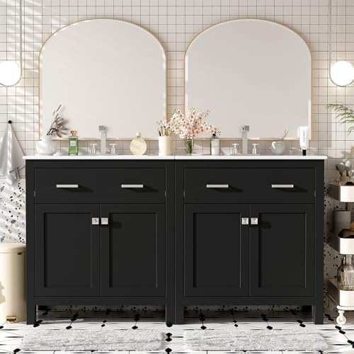 60" Modern Bathroom Vanity with Double Vanities, Double Ceramic Sinks, Adjustable Shelf, Soft Close Doors and Flip Drawer, Large Bathroom Vanity Sink Set (Black)