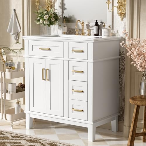 30'' Bathroom Vanity with Single Sink Combo, Freestanding Modern Bathroom Storage Sink Cabinet, Storage Cabinet with 2 Drawers & 2 Door, Solid Wood Frame for Small Bathrooms, White