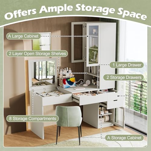 Large Versatile Makeup Vanity Desk with Mirror and Charging Station, Home Office Desk, Dressing Table with 8 Hidden Storage Compartments, Computer Desk with 3 Drawers, 2 Cabinets and Open Shelves