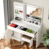 32'' Makeup Vanity Desk with Mirror and Lights, Large LED Mirror with 3 Color Modes, Makeup Vanity with Power Outlet & USB Ports, 6 Open Shelves & 2 Drawers for Women & Girls