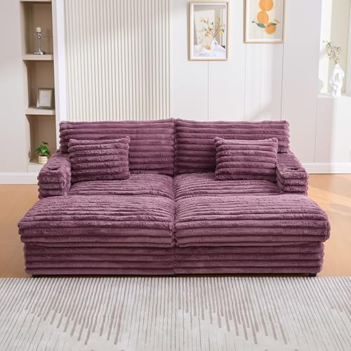 83.5" Oversized Double Lounge Chaise, Cloud Plush Sofa Bed, Upholstered Cloud Sofa Deep Seat with USB Ports and Cup Holders, Modern Sleeper Loveseat Chair for Living Room Reading (Wine Red)