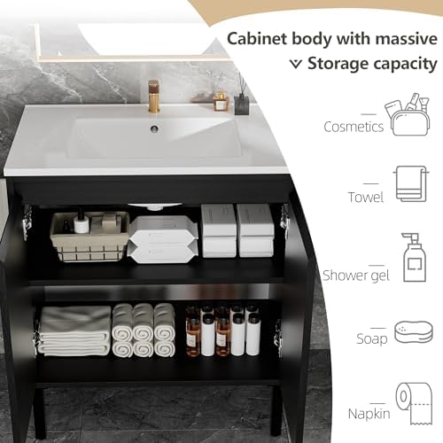 30″ Fluted Bathroom Vanity with Ceramic Sink, Modern Bathroom Vanity Cabinet with 2 Doors, Freestanding Mid-Century Restroom Sink Cabinet Combo (Black, 30'')