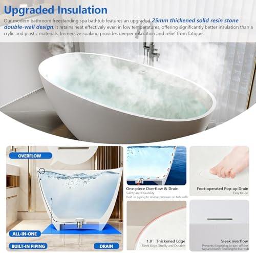 71″ Freestanding Solid Surface Bathtub, Oval Thick Edge Matte White Stone Resin Stand Alone Soaking Tub, Ergonomic Free standing Flatbottom Tubs with Overflow, Pop-up Drain (Matte White, 71")