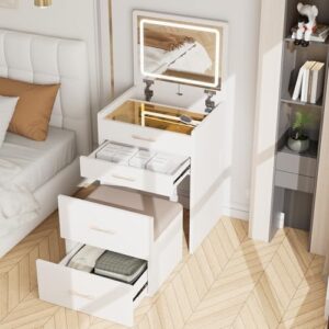 3 in 1 Vanity Desk with Flip Top Mirror, Small Make Up Set with Visible Glass Desktop, Compact Makeup Vanity with 3 Drawers Hidden Storage & Cushioned Stool, Dressing Table for Bedroom