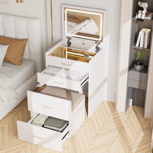 3 in 1 Vanity Desk with Flip Top Mirror, Small Make Up Set with Visible Glass Desktop, Compact Makeup Vanity with 3 Drawers Hidden Storage & Cushioned Stool, Dressing Table for Bedroom