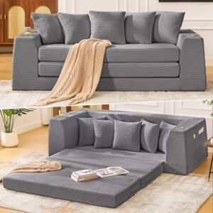 82'' Boneless Loveseat Sleeper Sofa, Convertible Sofa Bed with Side Pocket Cup Holders, Corduroy Pull Out Floor Couch with 5 Pillows, Folding Mattress Couch for Small Spaces No Assembly (Dark Grey)
