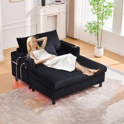 56'' Oversized Chaise Lounge Chair Indoor, Comfy Corduroy Chaise Sofa Recliner Bed Upholstered Sleeper Couch Bed with USB Charging, LED, Cup Holder, Side Pocket for Living Room (Balck)