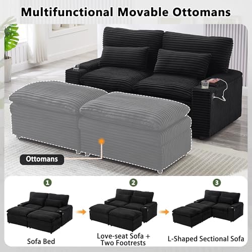 70.9" Oversized Double Lounge Chaise | Loveseat Sofa | Sectional Convertible Sofa Bed | USB Ports | Cup Holders | Storage Space | Cloud Plush Couch Bed | Living Room Reading (Black)