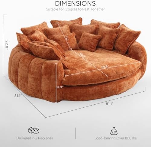 81'' Large Bean Bag Chair for Adults, Memory Foam Oversized Beanbag Chairs Couch with 14 Pillow, Comfy Giant Bean Bag Sofa Couch Bed, Chaise Lounge Chair Indoor Lazy Sofa for Living Room (Orange)