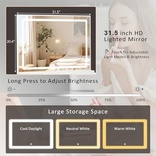 59" Vanity Desk with Mirror and Lights, Makeup Vanity with 3 Drawers and 2 Cabinets Adjustable Shelves, Dressing Table with 3 Color Modes for Bedroom, Dressing Room, Women